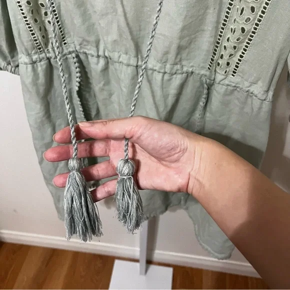 Zara Sage Green Linen Blend Eyelet Tassel Mini Dress Womens Medium - Picture 7 of 11
